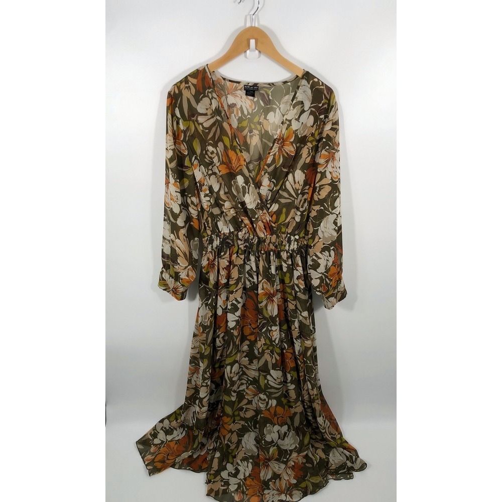 Wrap Long Sleeve Maxi Dress Womens 20W Green Floral Modest Wedding Guest Autumn